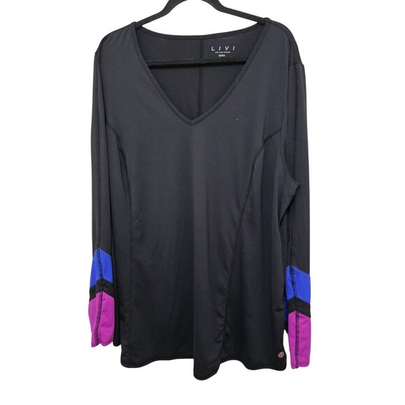Livi BY Lane Bryan V-Neck Active Long Sleeve Top Colorblock Cuffs Black/Purple/B - Picture 1 of 7
